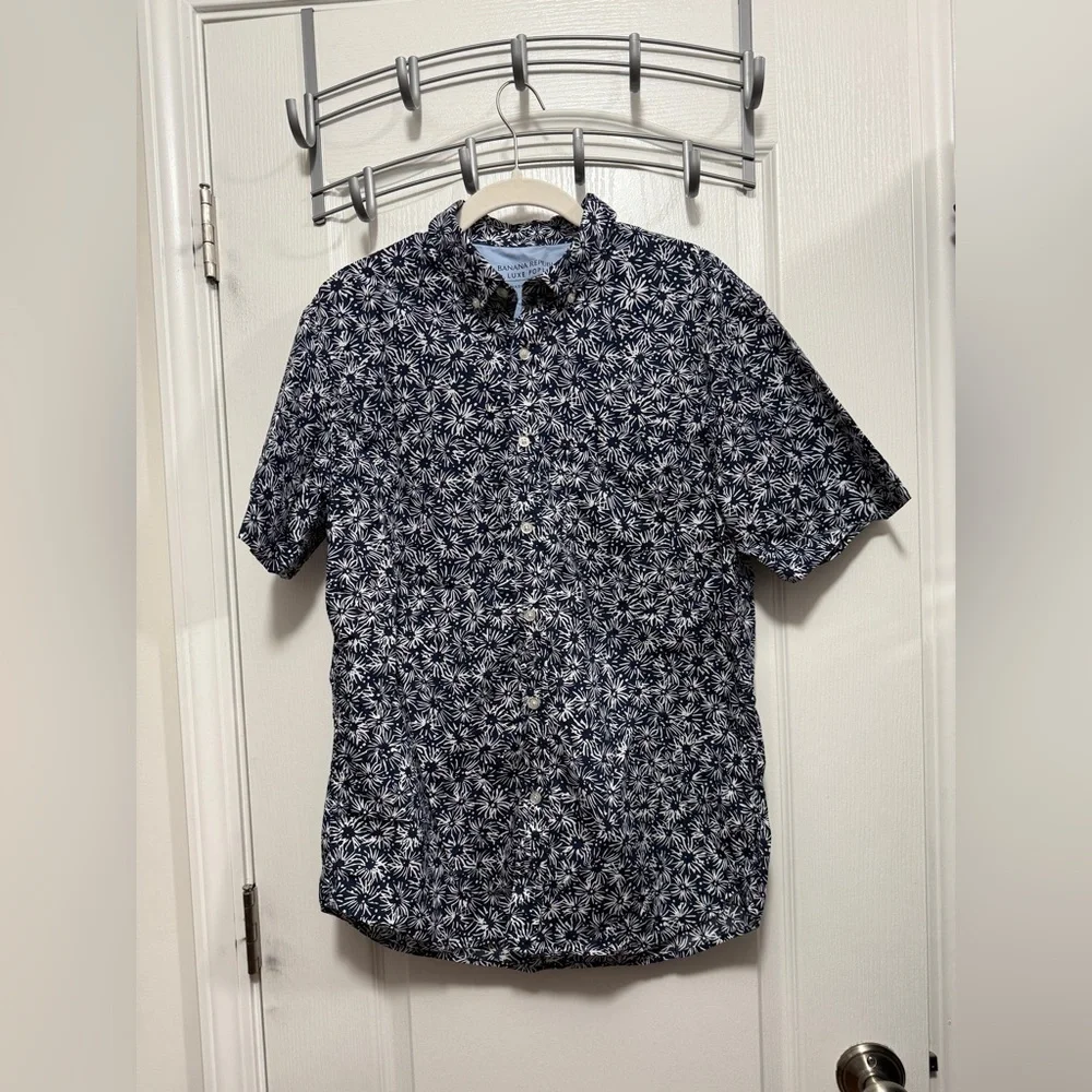 Banana Republic Men's m Slim-fit Luxe Poplin Shirt Navy white Fourth of July EUC